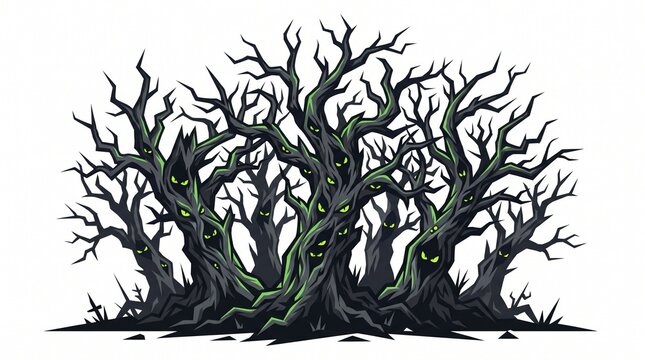 Spooky Haunted Forest Trees with Glowing Green Eyes