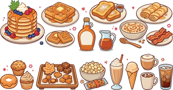 Delicious sweet breakfast food collection with pancakes waffles french toast maple syrup bakery pastries desserts and coffee drinks