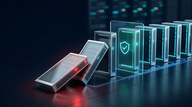 Cybersecurity domino effect concept, digital server racks falling with glass firewall shield, data protection and network security