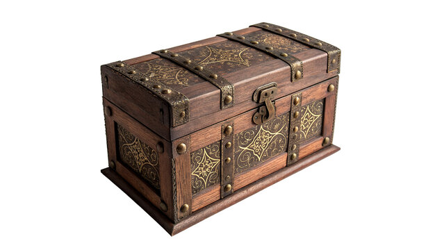 Vintage wooden pirate treasure chest isolated on transparent background closed antique storage box element