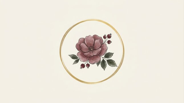 Watercolor dusty rose flower inside a gold circular frame on a minimalist cream background