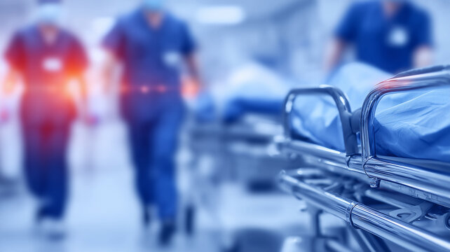 Hospital gurney in an emergency corridor with medical staff approaching depicts urgent patient care and rapid healthcare response.
