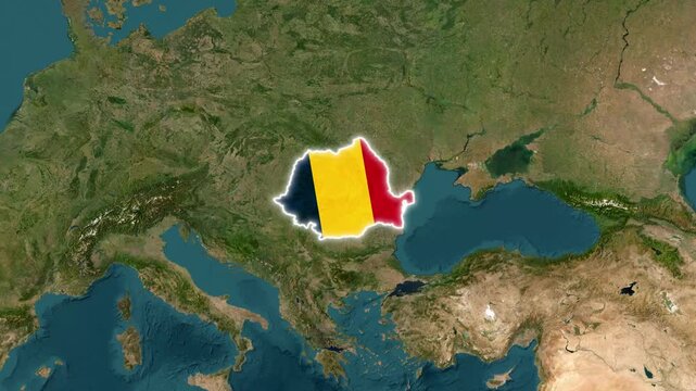 Three-panel split screen video showing the map of Romania with the national flag texture overlaid, featuring zoom-in effects on the country borders against satellite background.