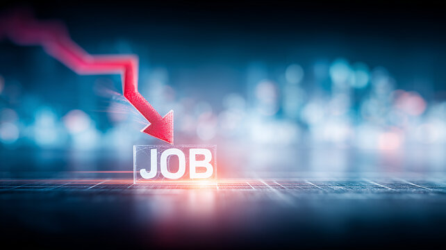A downward arrow pointing to a job sign represents unemployment and declining workforce opportunities during an economic downturn.
