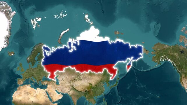 Russia map with national flag texture overlay, glowing white border outline, isolated on a detailed satellite world map background, high quality motion graphic animation loop