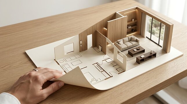 Architectural 3D floor plan model on wooden desk, modern house interior design layout, miniature home renovation concept