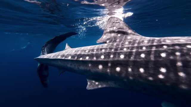 Large whale shark swims underwater in clear blue ocean with divers in background