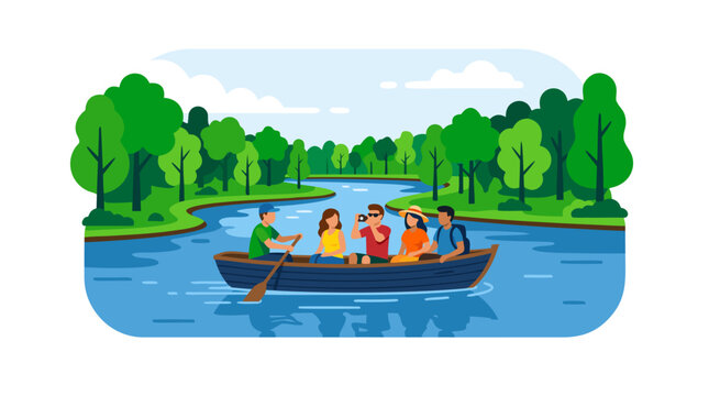 Happy tourists gliding in a small wooden boat along a calm river lined with lush green trees, bold flat colors vector illustration of peaceful nature travel adventure - detailed commercial stock