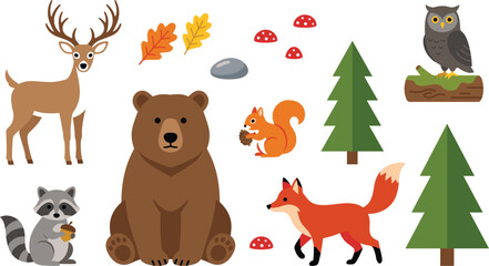 Fototapeta premium Cute Woodland Animals Forest Vector Set Featuring Bear, Deer, Fox, Owl, Raccoon, Squirrel, Pine Trees, Mushrooms, and Autumn Leaves for Children Graphic Design