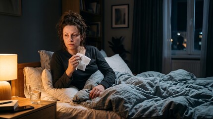 Fototapeta premium Exhausted woman sitting in bed at night holding tissue in dim bedroom, looking unwell and worried beside lamp, glass of water, rumpled blankets, window light, with woman, bed, tissue, sick detail