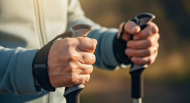 Senior hands gripping walking poles during outdoor fitness for seniors and nordic walking exercise for active aging lifestyle and geriatric health outdoor activity articles