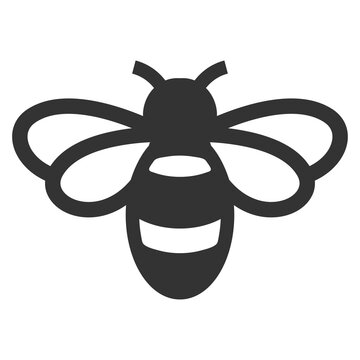 Black and white bee icon with wings and stripes in simple flat design style
