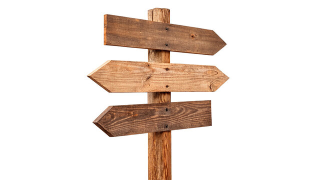 Rustic blank wooden directional signpost isolated on transparent background empty arrow board layout element