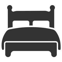 Black bed icon with two pillows and wooden headboard and footboard in flat design style © Sufia