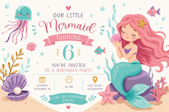 children's nautical-themed birthday invitation template featuring a mermaid and underwater creatures, jellyfish, shells with a pearl, fish, and starfish.