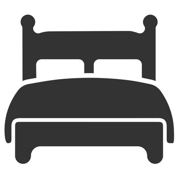 Black bed icon with two pillows and wooden headboard and footboard in flat design style
