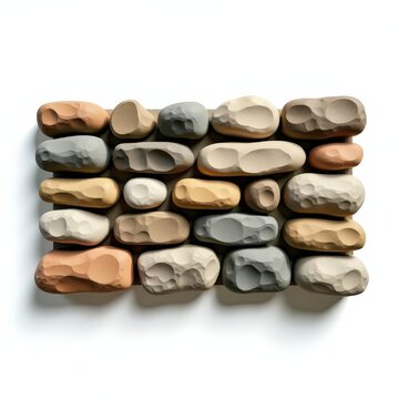 Handbuilt dry stone wall sample with interlocking variously sized stones on white background