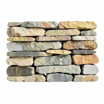 Handbuilt dry stone wall sample with interlocking variously sized stones on white background for construction and landscape design