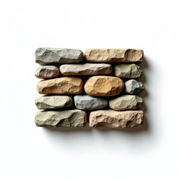 Handbuilt dry stone wall sample with interlocking variously sized natural stones isolated on white background