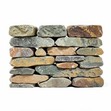Handbuilt dry stone wall sample with interlocking variously sized stones on white background, demonstrating traditional masonry techniques