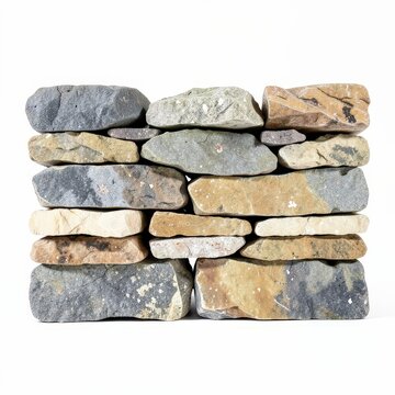 Handbuilt dry stone wall sample with interlocking variously sized stones isolated on white background