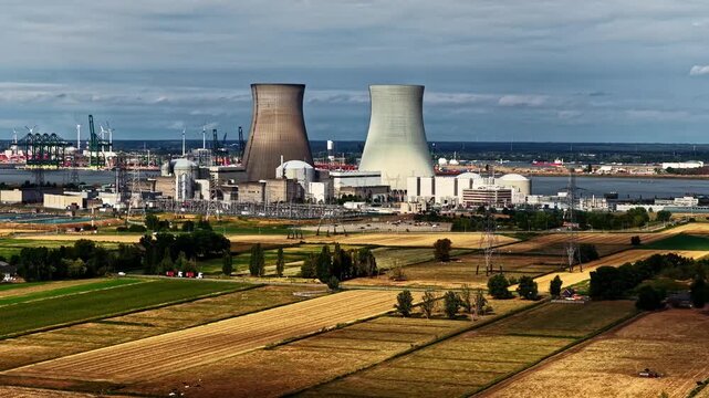 Doel Nuclear Power Plant cooling towers and reactors near the Port of Antwerp in Belgium