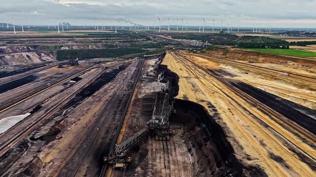 Aerial view of a bucket-wheel excavator working in the Garzweiler lignite mine in Germany