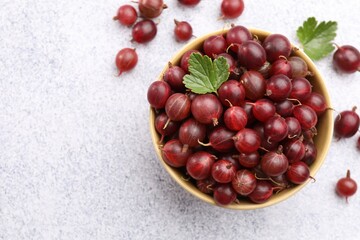Fresh red gooseberries, green leaves and bowl on grey textured table, flat lay. Space for text © New Africa