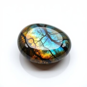 Shimmering labradorite pebble symbolizing magic transformation iridescence and energy on white background