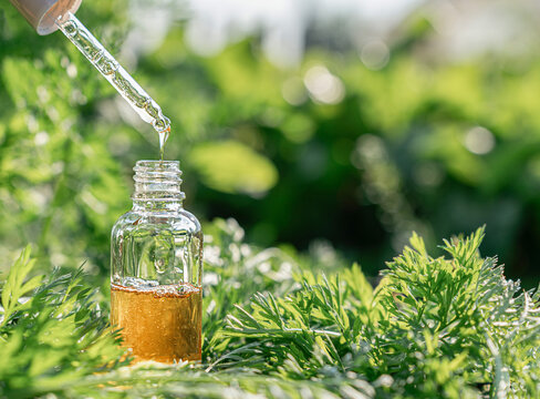 Natural serum drop falling into cosmetic bottle