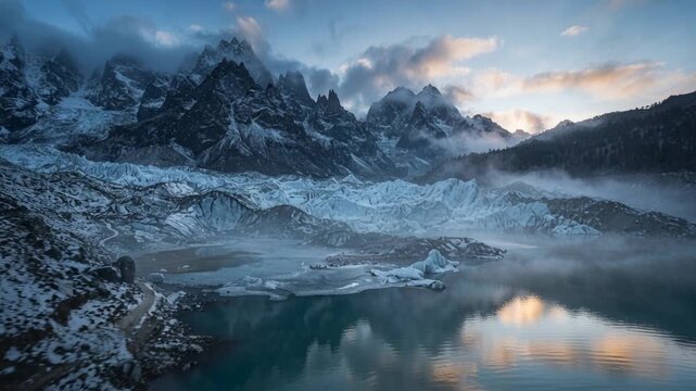 Drifting low fog and slow drone revealing glacier and peaks as mist recedes, showing rippling lake