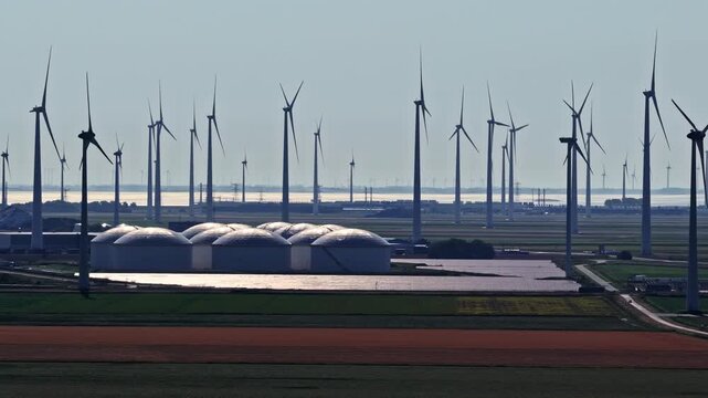 Rows of wind turbines and dome-shaped storage tanks stretch across an industrial energy complex near Groningen, Netherlands