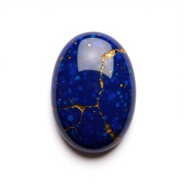Deep blue oval lapis lazuli cabochon with gold flecks on white background symbolizing ancient egyptian wisdom and royalty