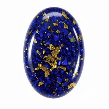 Oval lapis lazuli cabochon with gold flecks, deep blue gemstone symbolizing wisdom and royalty, ancient egypt, isolated on white background