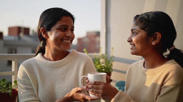 Reaching daughter passing white mug to mother in sweaters on apartment balcony to share warm moment
