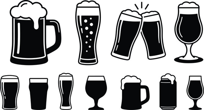 Beer glass vector icon set featuring foaming mugs pint glasses toasting pints a can and brewery graphics