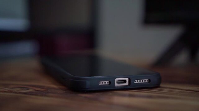 hand plugging charging cable into smartphone, charging phone battery, technology and connectivity concept footage.