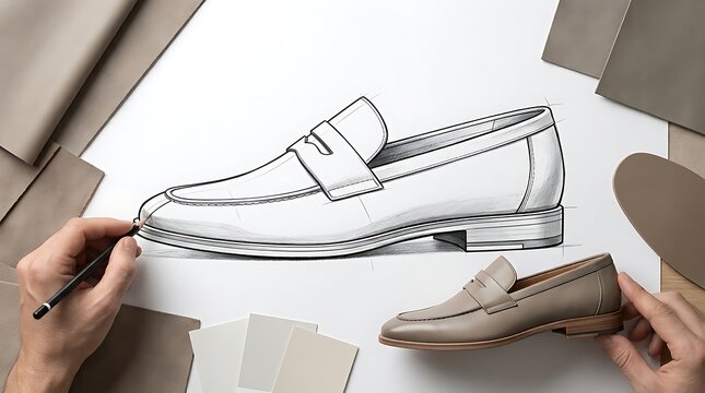 Minimalist shoe design sketch of leather loafers, fashion designer drawing footwear concept, elegant beige suede shoe prototype