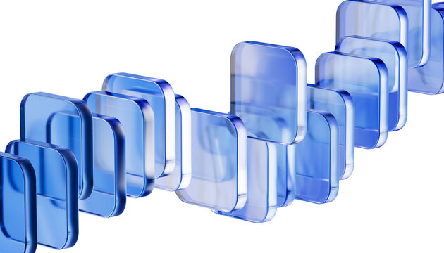 Abstract blue glass diagonal row of panels for technology background. Cloud computing concepts, IT corporate websites, or Data flow or step-by-step progress in business presentation. 3d rendering