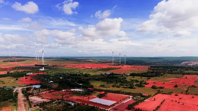 Hoa Thang in Lam Dong has wide landscapes and wind turbines. Bright skies provide a good view of the fields and greenery in the area.