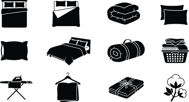 Bedding icon set featuring comfortable double bed blanket pillows laundry basket ironing board and cotton plant silhouette