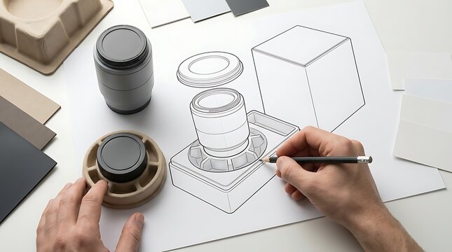 Industrial product design sketch of camera lens packaging, designer drawing technical blueprint with pencil, sustainable prototype development