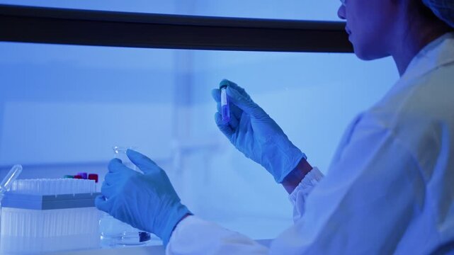 A researcher wearing glove holds a test tube with blue liquid, examining the sample closely beside a rack of pipette tip and flask in a laboratory