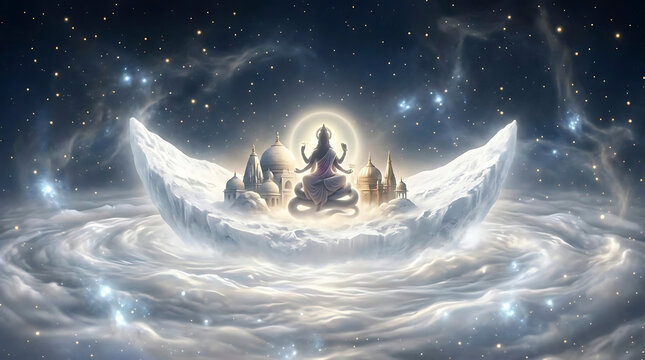 Lord Vishnu seated in deep meditation on the multi-headed Shesh Naag surrounded by sacred temples amidst a vast, serene cosmic ocean of stars and nebula.