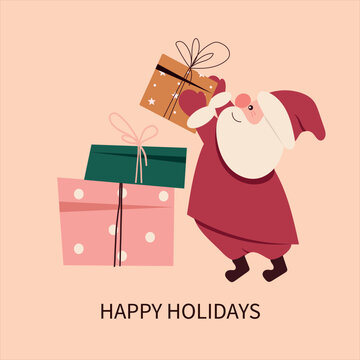 Happy Holidays greeting card with cute Santa Claus holding gift box near stack of presents on beige background. Festive winter vector illustration