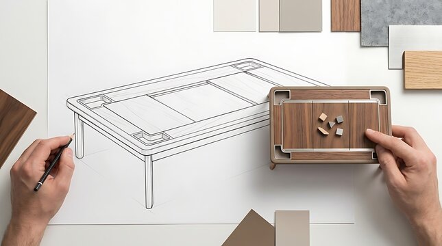 Minimalist furniture design process, architect hands sketching table blueprint, wood material samples and swatches for interior project