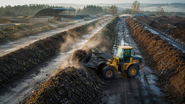 Heavy machinery operator using a front loader to sort compost piles at a waste management facility surrounded by dirt paths and green trees in the background