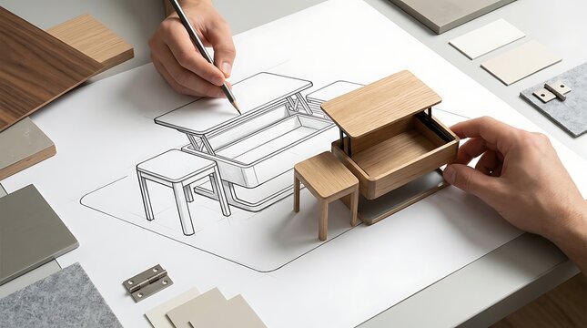 Industrial furniture design process, wooden scale model and technical sketch, interior designer workspace with material swatches