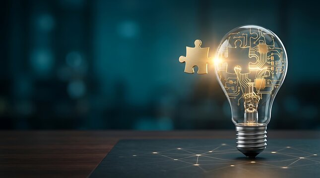 Glowing light bulb with puzzle piece, innovative business solution concept, creative problem solving and strategic thinking