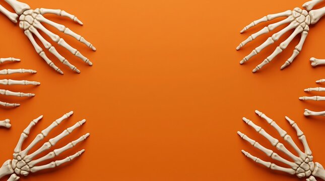 Several human hand skeletons positioned around the edges of a vibrant orange background, spooky halloween flatlay composition with anatomical bone models for festive use